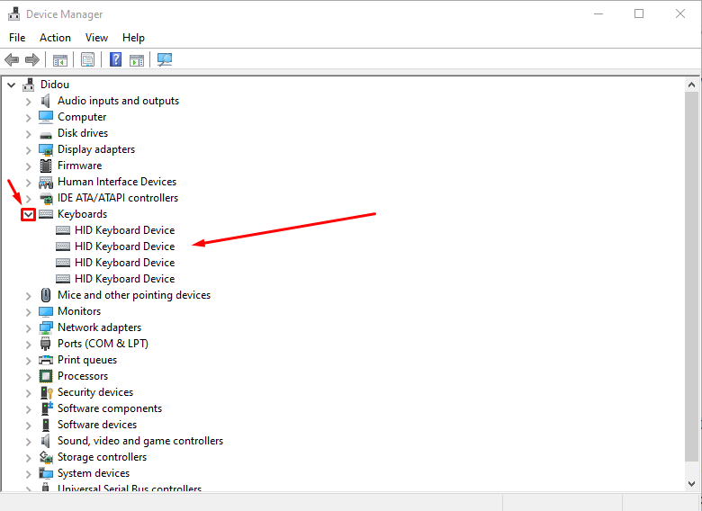 Device Manager keyboards section