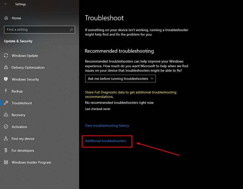 Additional troubleshooters on Windows 10