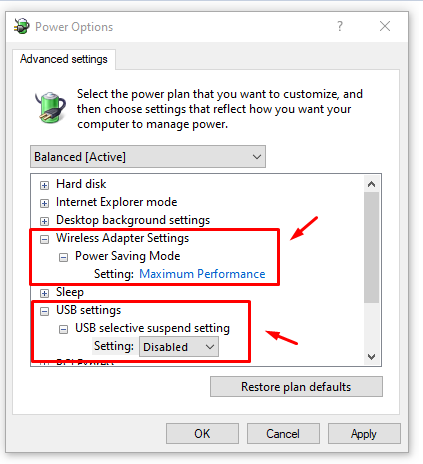 Advanced settings for Power Options