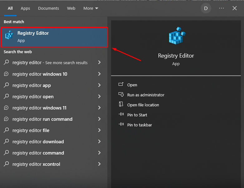 Registry Editor via Windows search