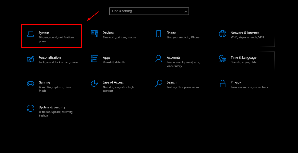 Windows 10 settings section