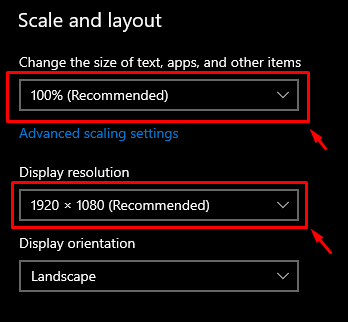 Scale and layout & Display resolution settings