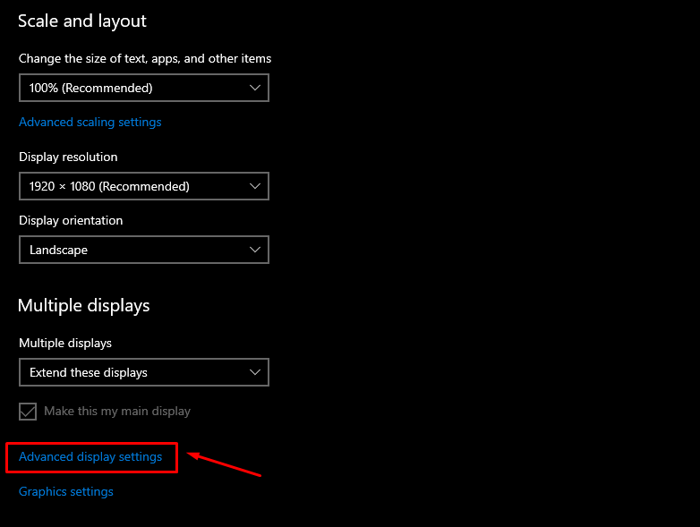 Advanced display settings on Windows 10