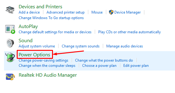 Power options on Windows 10