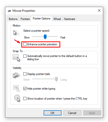 Disabling enhance pointer precision Windows 10