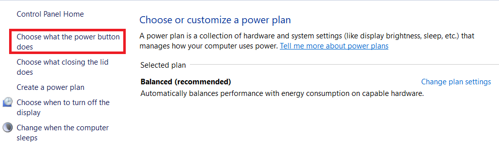 Power button options Windows 10